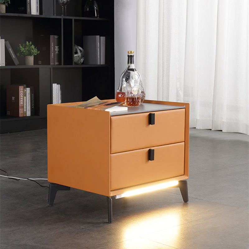 Contemporary Wireless Charger & LED Sensor Light Nightstand - Sintered Stone Top 2-Drawer For Bedroom Lumendat
