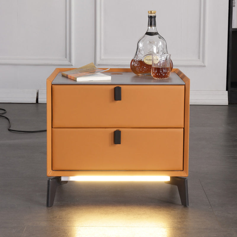 Contemporary Wireless Charger & LED Sensor Light Nightstand - Sintered Stone Top 2-Drawer For Bedroom Lumendat