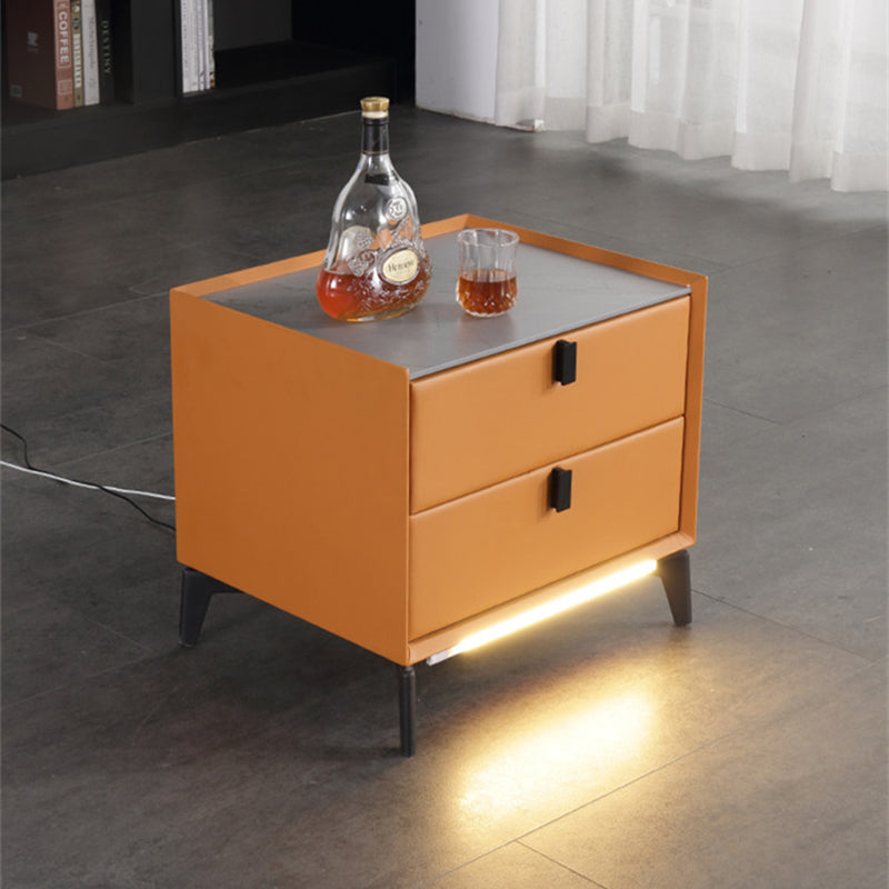 Contemporary Wireless Charger & LED Sensor Light Nightstand - Sintered Stone Top 2-Drawer For Bedroom Lumendat