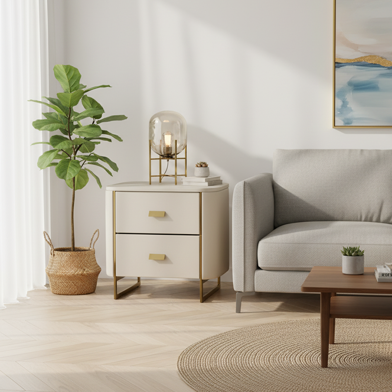 Modern Luxury Gold Titanium Faux Leather Nightstand - Soft-Touch Bedside Table For Bedroom Lumendat