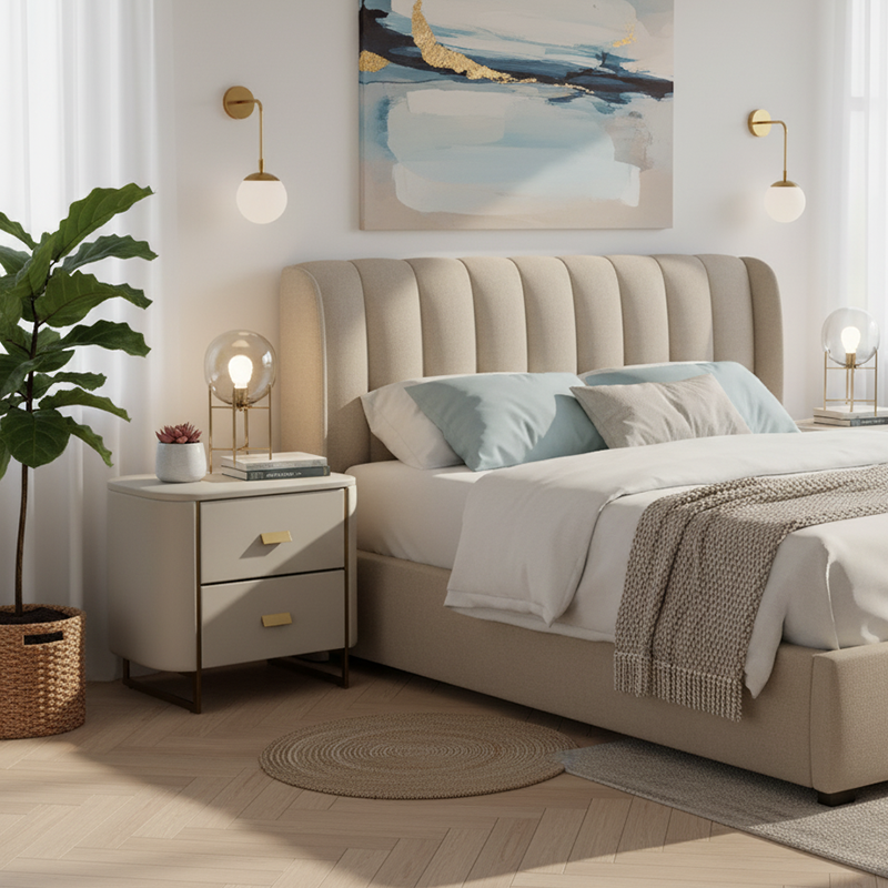 Modern Luxury Gold Titanium Faux Leather Nightstand - Soft-Touch Bedside Table For Bedroom Lumendat