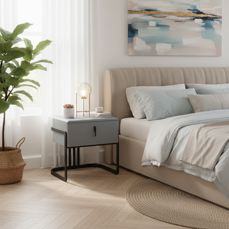Contemporary Scandinavian Faux Leather Bedside Table - Curved Square 1-Drawer For Bedroom Lumendat