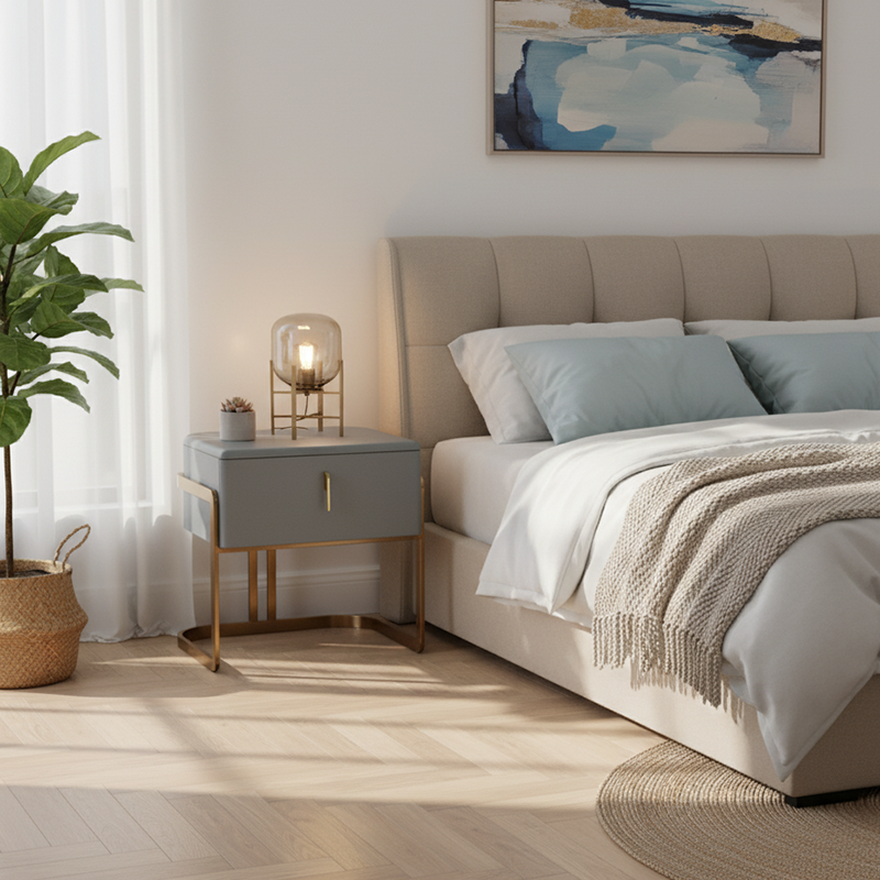 Contemporary Scandinavian Faux Leather Bedside Table - Curved Square 1-Drawer For Bedroom Lumendat