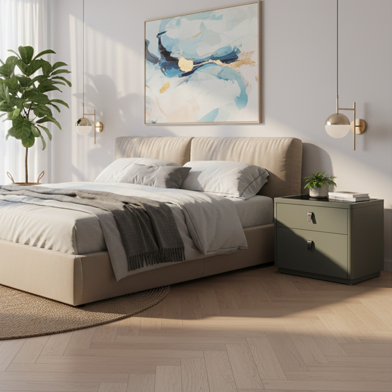 Contemporary Nordic Faux Leather Bedside Table - Elegant Glass Top 2-Drawers For Bedroom Lumendat