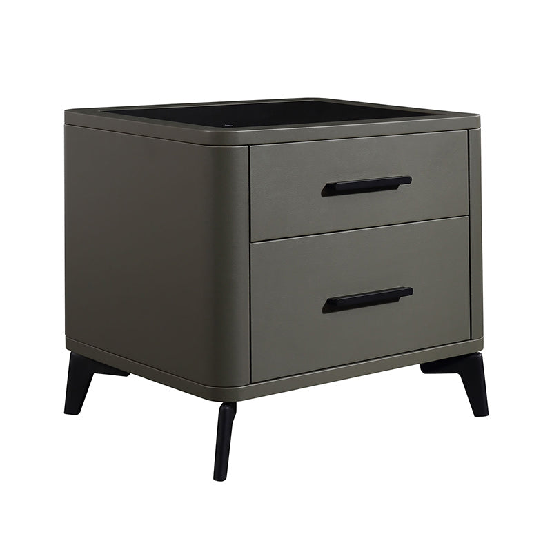 Modern Luxury Faux Leather Nightstand With Glass Top - 2 Drawer Bedside Table For Bedroom Lumendat