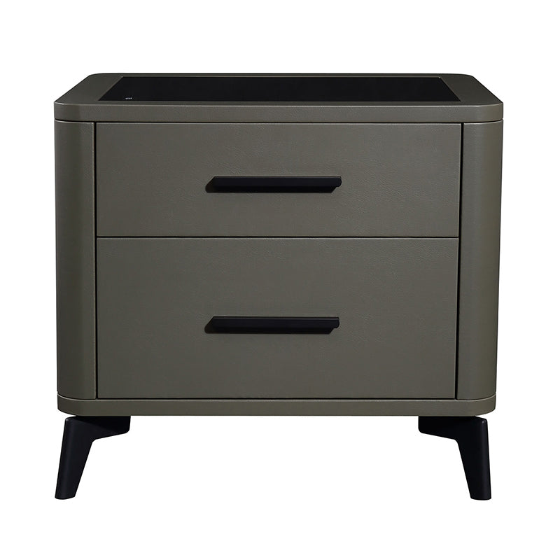 Modern Luxury Faux Leather Nightstand With Glass Top - 2 Drawer Bedside Table For Bedroom Lumendat