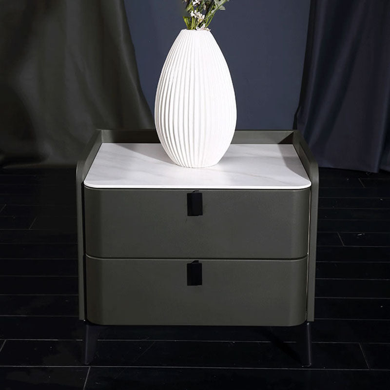 Contemporary Nordic Dual-Finish Nightstand - Square Sintered Stone Top Bedside Table For Bedroom Lumendat