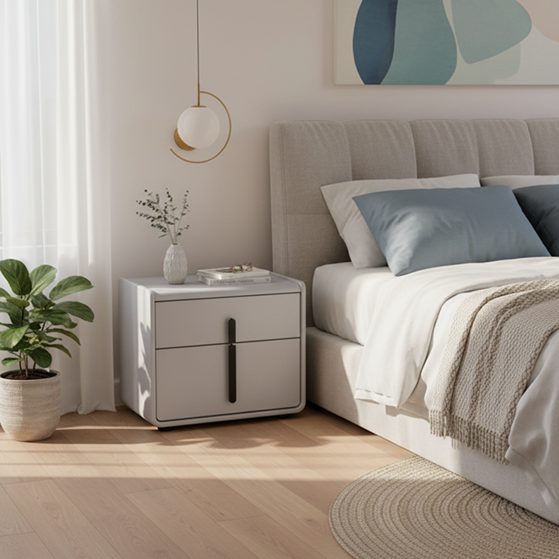 Modern Minimalist Faux Leather Nightstand - Square 2 Drawer Bedside Table For Bedroom Lumendat