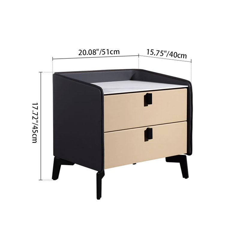 Contemporary Nordic Sintered Stone Metal Bedside Table - Curved Edges 2 Drawers Nightstand For Bedroom Lumendat