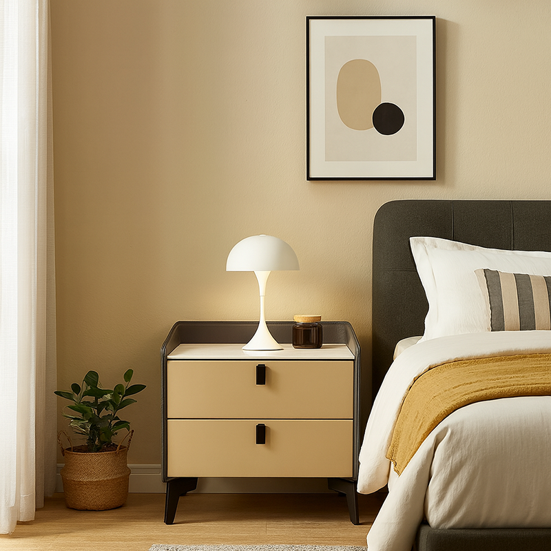Contemporary Nordic Sintered Stone Metal Bedside Table - Curved Edges 2 Drawers Nightstand For Bedroom Lumendat