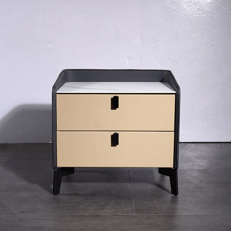Contemporary Nordic Sintered Stone Metal Bedside Table - Curved Edges 2 Drawers Nightstand For Bedroom Lumendat