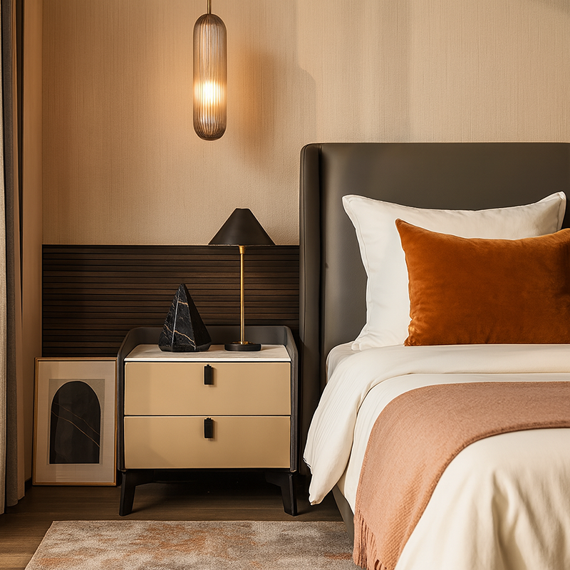 Contemporary Nordic Sintered Stone Metal Bedside Table - Curved Edges 2 Drawers Nightstand For Bedroom Lumendat