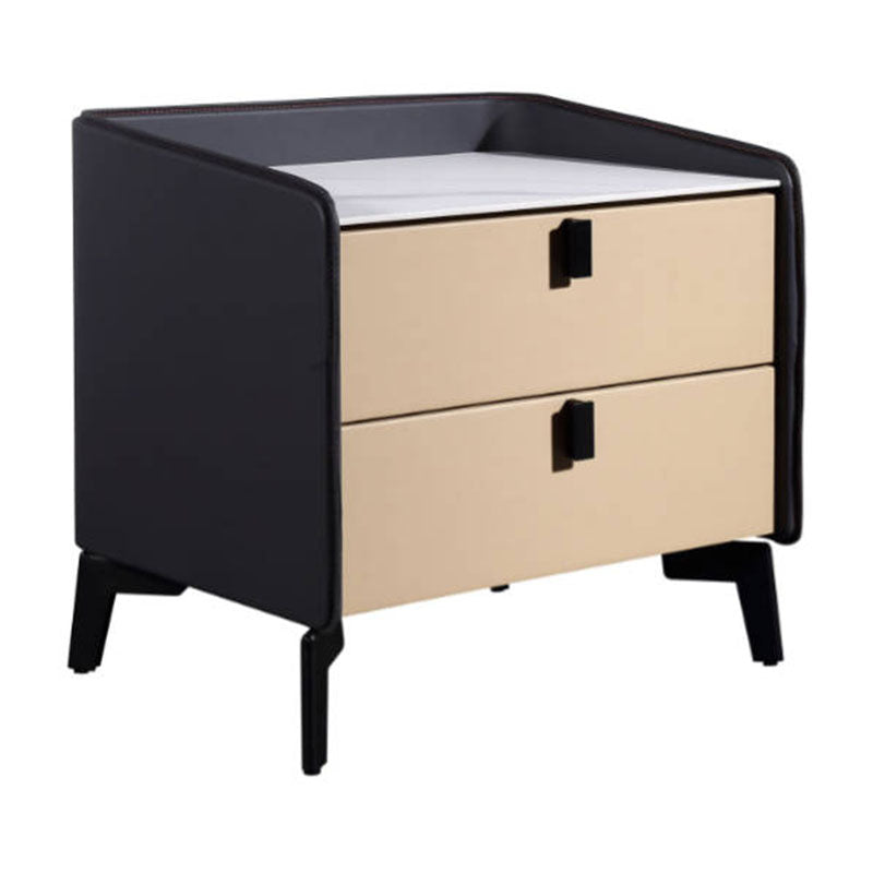 Contemporary Nordic Sintered Stone Metal Bedside Table - Curved Edges 2 Drawers Nightstand For Bedroom Lumendat