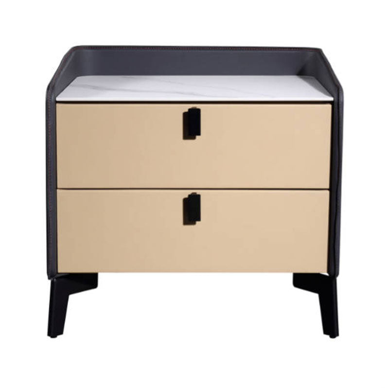 Contemporary Nordic Sintered Stone Metal Bedside Table - Curved Edges 2 Drawers Nightstand For Bedroom Lumendat