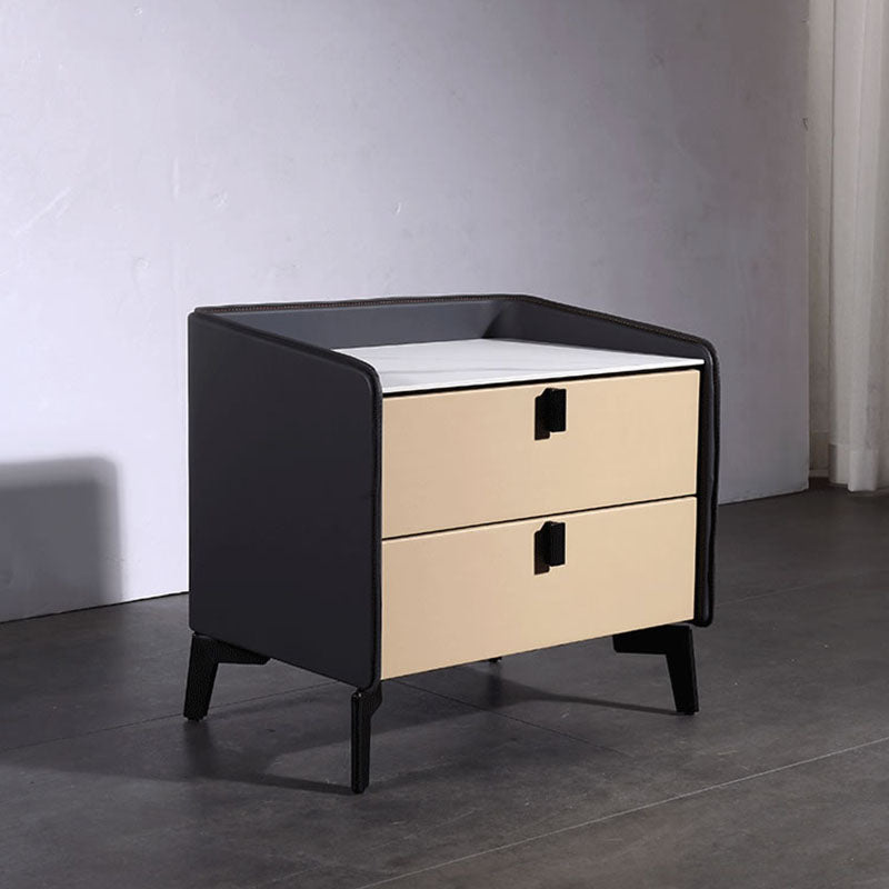 Contemporary Nordic Sintered Stone Metal Bedside Table - Curved Edges 2 Drawers Nightstand For Bedroom Lumendat