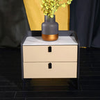 Contemporary Nordic Sintered Stone Metal Bedside Table - Curved Edges 2 Drawers Nightstand For Bedroom Lumendat