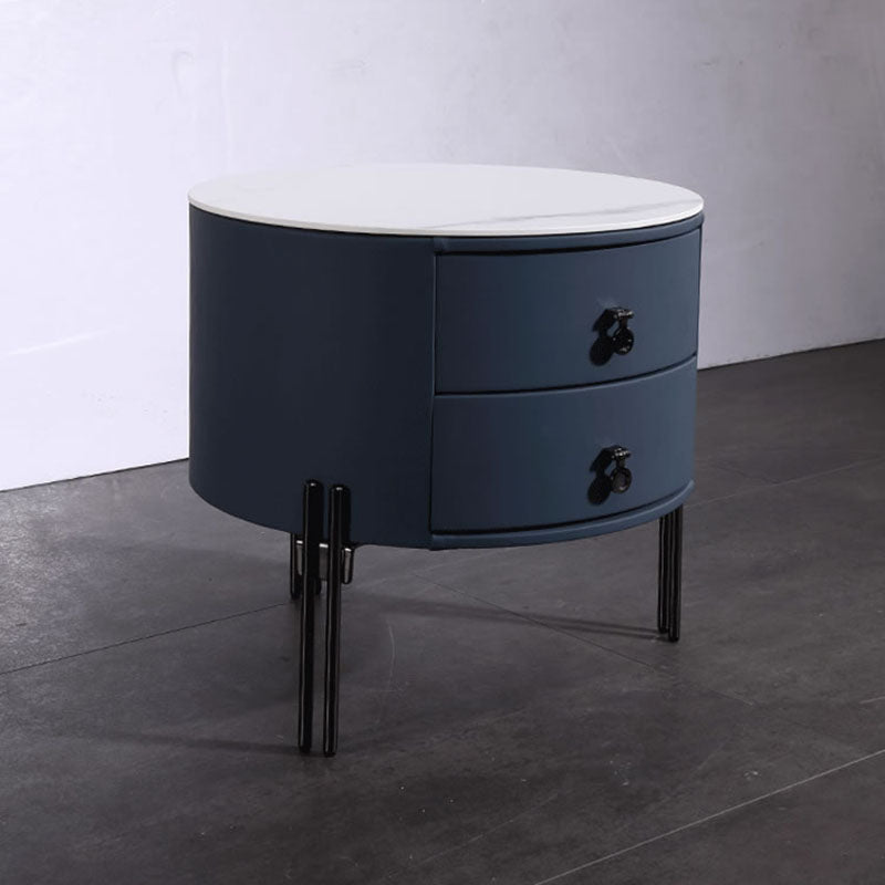 Contemporary Sintered Stone Top Metal Legs Nightstand - 2 Drawers Bedside Cabinet For Bedroom Lumendat