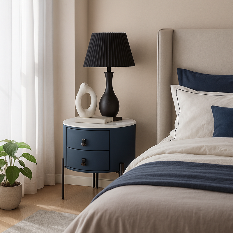 Contemporary Sintered Stone Top Metal Legs Nightstand - 2 Drawers Bedside Cabinet For Bedroom Lumendat
