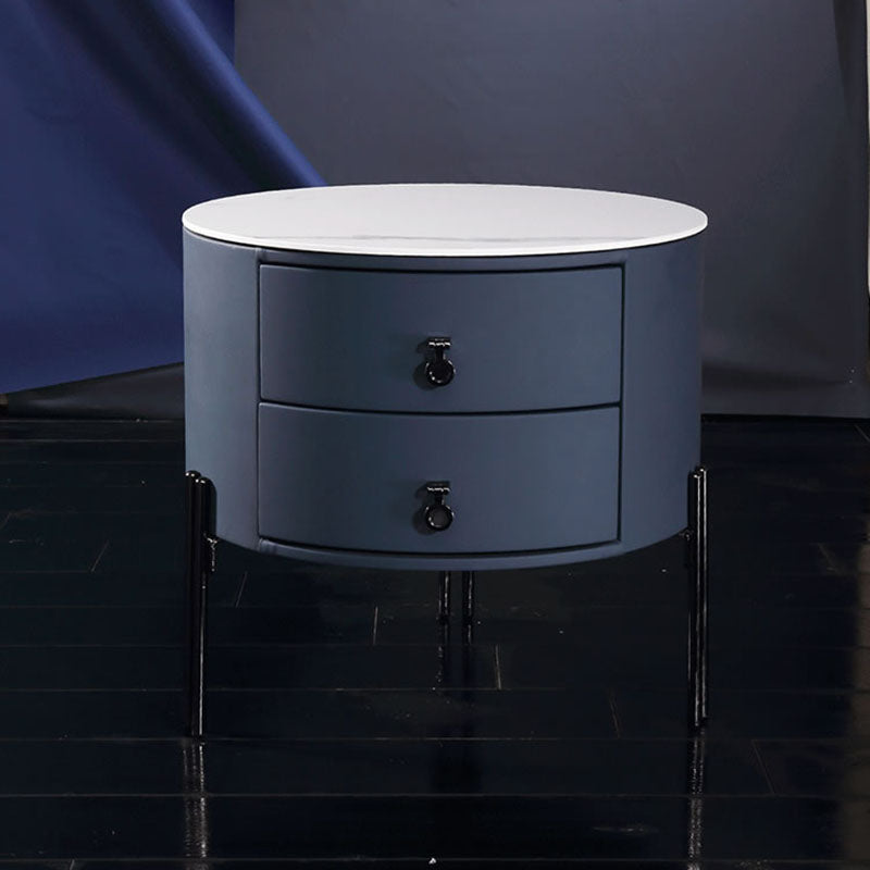 Contemporary Sintered Stone Top Metal Legs Nightstand - 2 Drawers Bedside Cabinet For Bedroom Lumendat