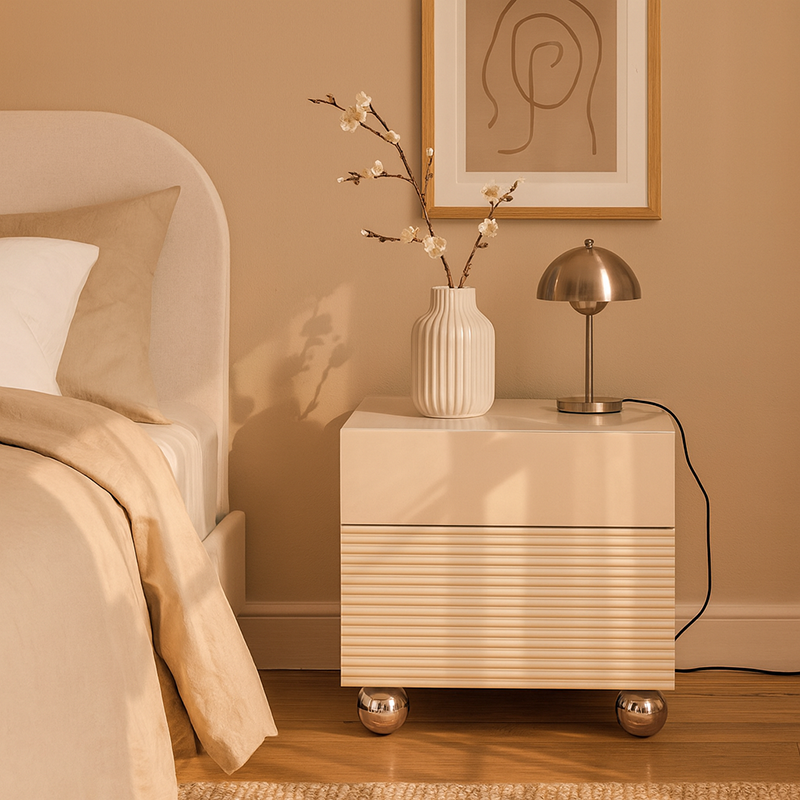 Modern Minimalist Polished Metal Legs Bedside Table - Ribbed 2 Drawer Nightstand For Bedroom Lumendat