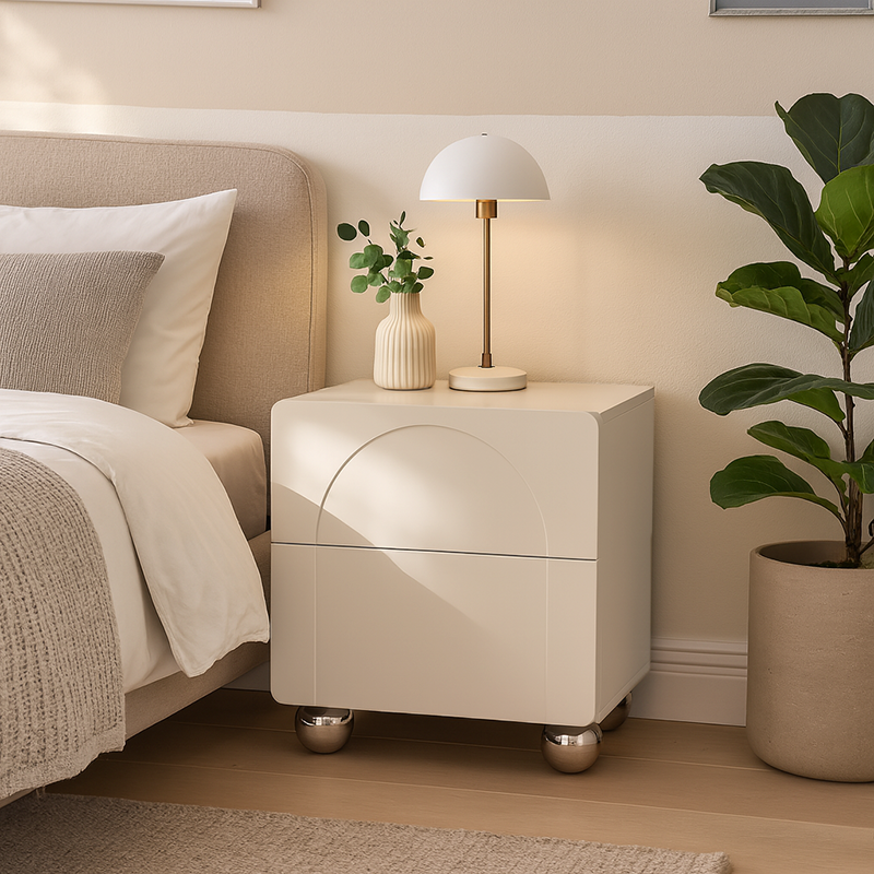 Contemporary Creative 2 Drawers Nightstand - Curved Front Stainless Steel Ball Legs Bedside Table For Bedroom Lumendat