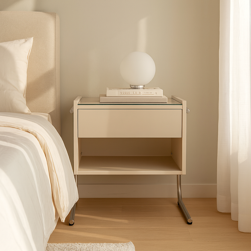 Contemporary Industrial Stainless Steel Bedside Table - 1 Drawer Open Shelf Nightstand For Bedroom Lumendat
