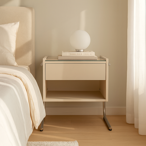 Contemporary Industrial Stainless Steel Bedside Table - 1 Drawer Open Shelf Nightstand For Bedroom Lumendat