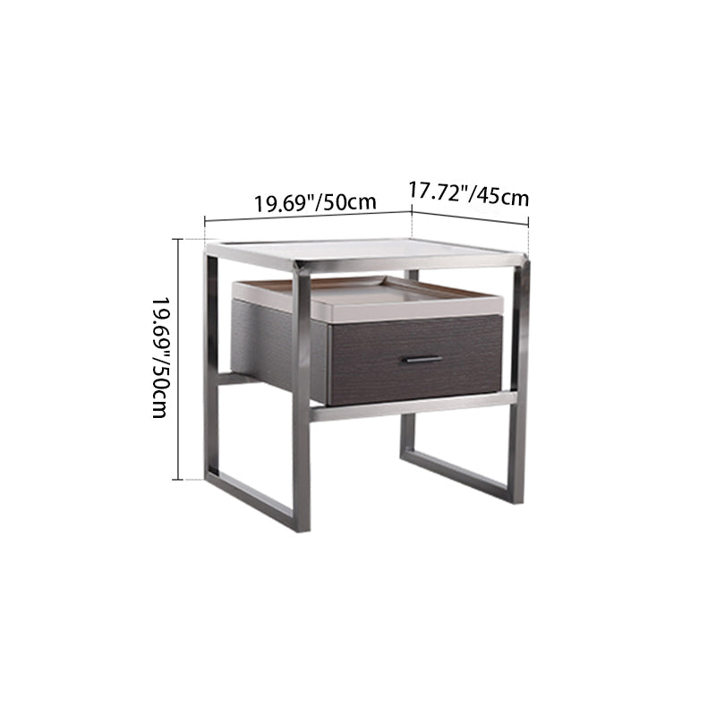 Contemporary Creative Square Stainless Steel Frame Bedside Table - 1 Drawer Nightstand For Bedroom Lumendat
