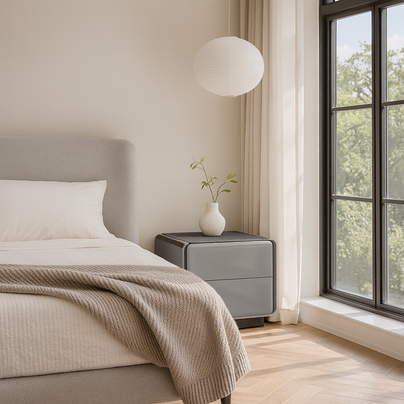 Contemporary Nordic High Gloss Bedside Table - Rounded Corners 2 Drawers Nightstand For Bedroom Lumendat
