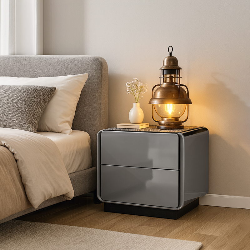 Contemporary Nordic High Gloss Bedside Table - Rounded Corners 2 Drawers Nightstand For Bedroom Lumendat