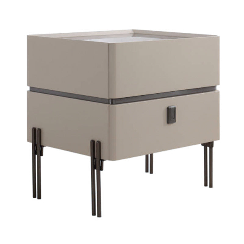 Contemporary Nordic Sintered Stone Bedside Table - 2 Drawers Alloy Legs Nightstand For Bedroom Lumendat