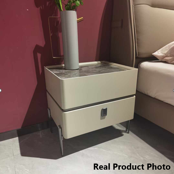 Contemporary Nordic Sintered Stone Bedside Table - 2 Drawers Alloy Legs Nightstand For Bedroom Lumendat