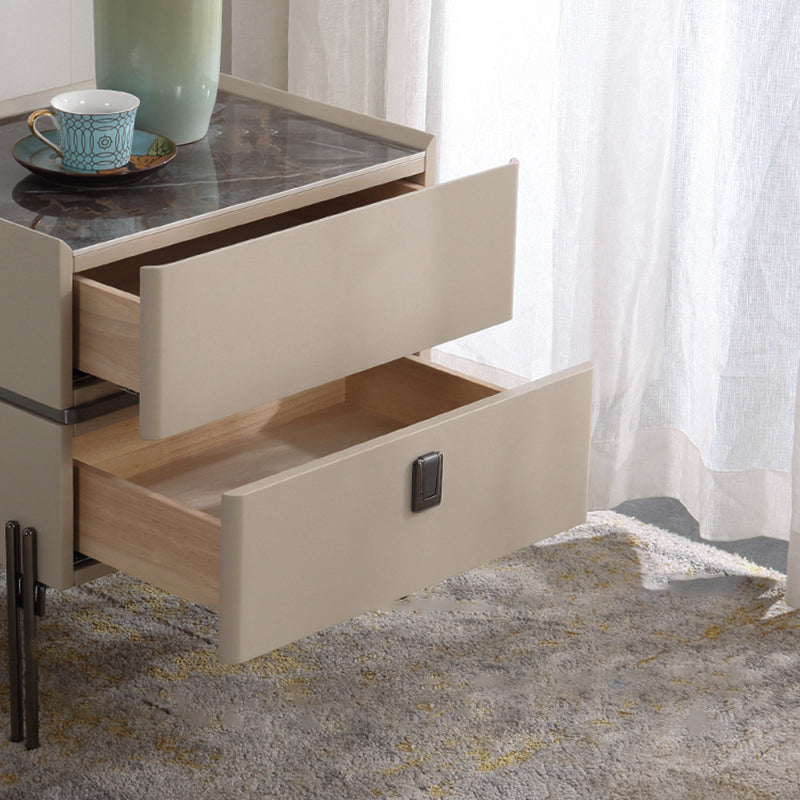 Contemporary Nordic Sintered Stone Bedside Table - 2 Drawers Alloy Legs Nightstand For Bedroom Lumendat
