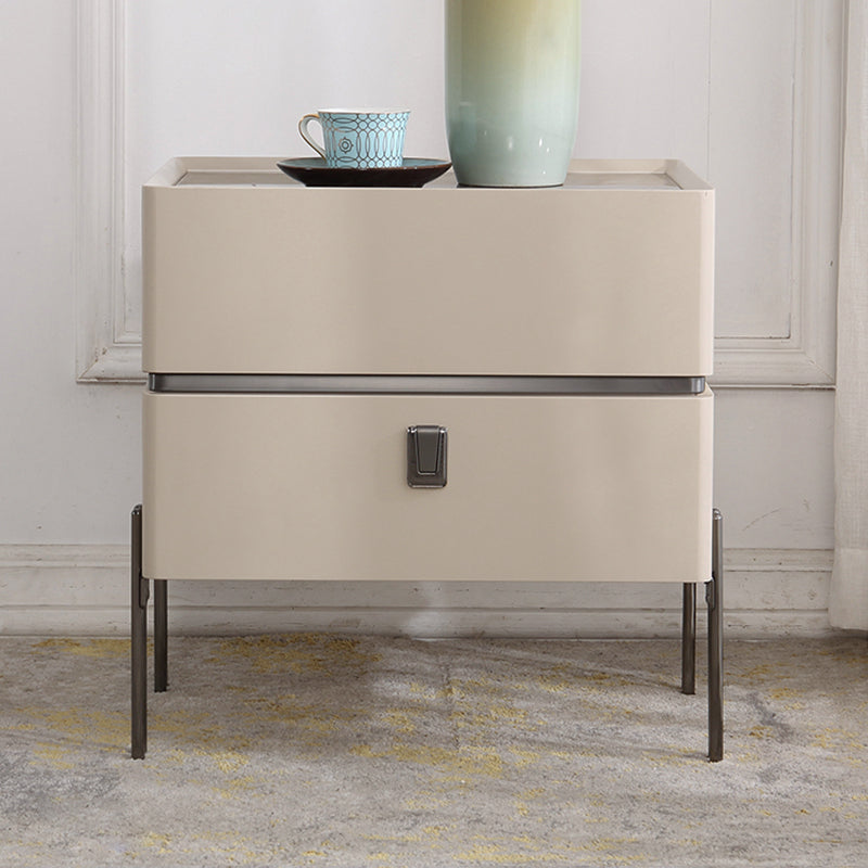 Contemporary Nordic Sintered Stone Bedside Table - 2 Drawers Alloy Legs Nightstand For Bedroom Lumendat