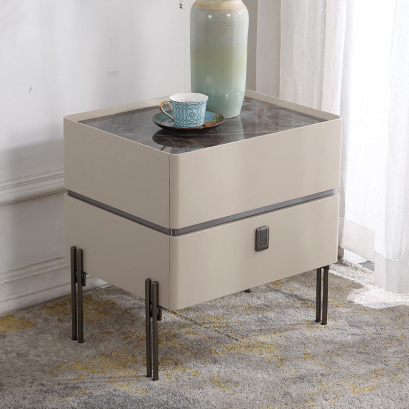 Contemporary Nordic Sintered Stone Bedside Table - 2 Drawers Alloy Legs Nightstand For Bedroom Lumendat