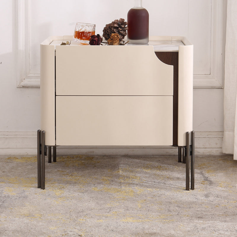 Contemporary Scandinavian Hidden Handle Asymmetry Bedside Table - 2 Drawers Titanium Alloy Base Nightstand For Bedroom Lumendat