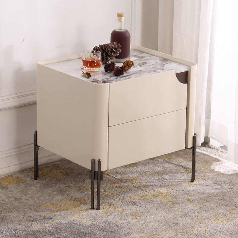 Contemporary Scandinavian Hidden Handle Asymmetry Bedside Table - 2 Drawers Titanium Alloy Base Nightstand For Bedroom Lumendat
