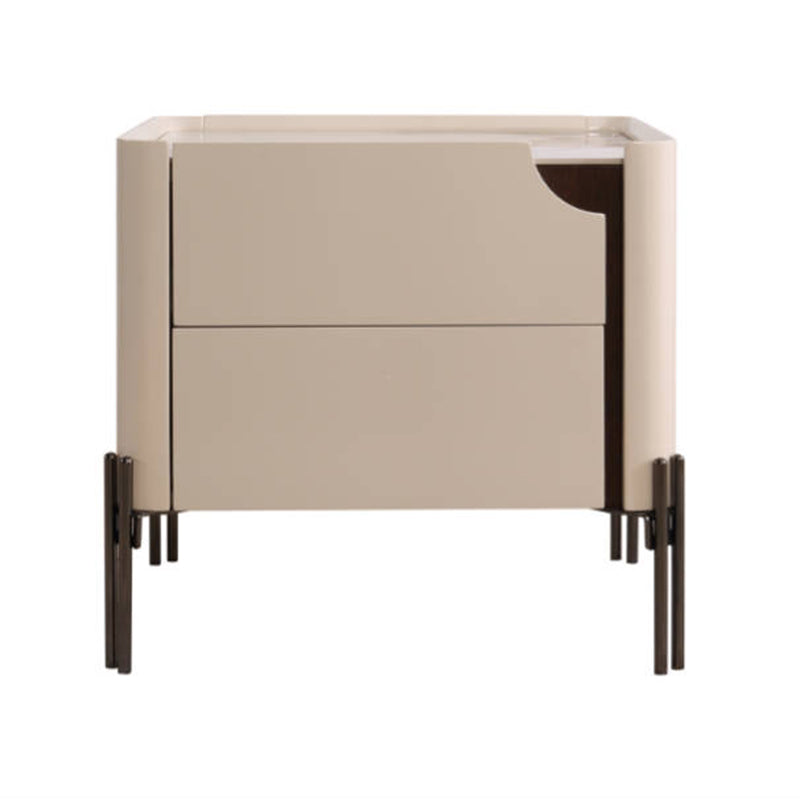 Contemporary Scandinavian Hidden Handle Asymmetry Bedside Table - 2 Drawers Titanium Alloy Base Nightstand For Bedroom Lumendat