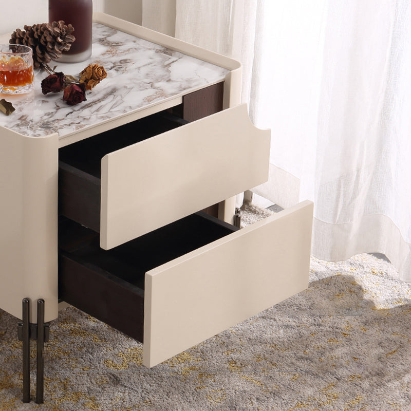 Contemporary Scandinavian Hidden Handle Asymmetry Bedside Table - 2 Drawers Titanium Alloy Base Nightstand For Bedroom Lumendat