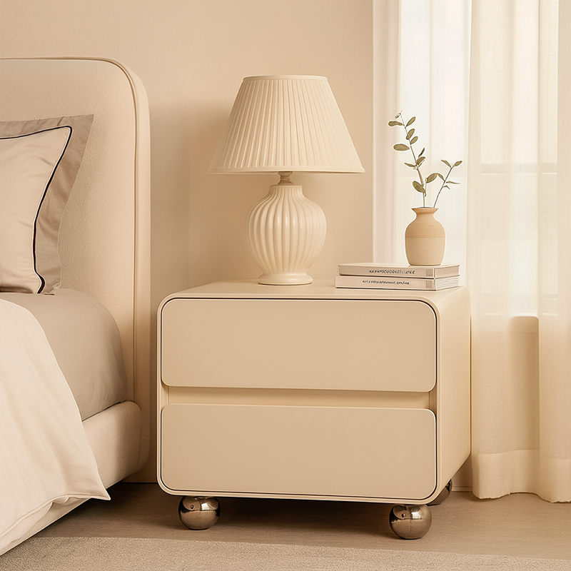 Contemporary Nordic Soft-Edge Curves Bedside Table - 2 Drawers Metal Ball Legs Nightstand For Bedroom Lumendat