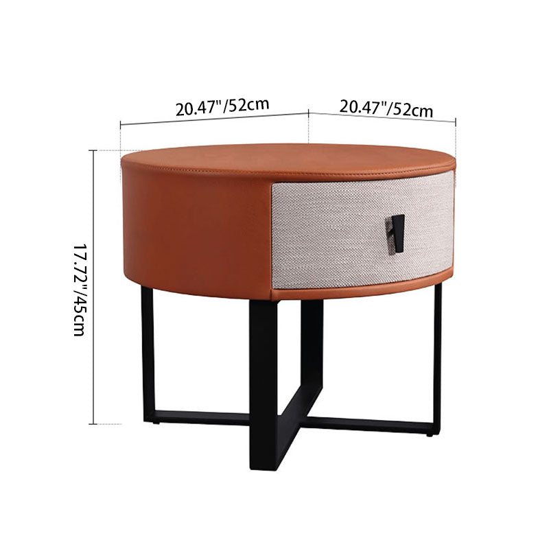 Contemporary Creative Round Circular 1 Drawer Nightstand - Faux Leather Metal Legs Bedside Table For Bedroom Lumendat