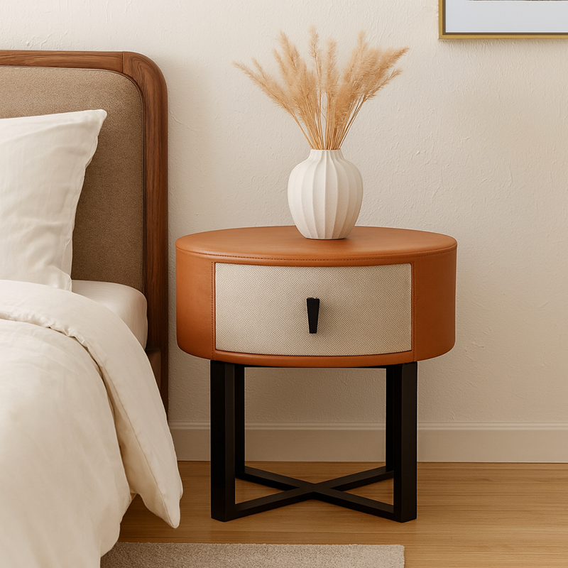 Contemporary Creative Round Circular 1 Drawer Nightstand - Faux Leather Metal Legs Bedside Table For Bedroom Lumendat