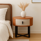 Contemporary Creative Round Circular 1 Drawer Nightstand - Faux Leather Metal Legs Bedside Table For Bedroom Lumendat