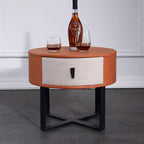 Contemporary Creative Round Circular 1 Drawer Nightstand - Faux Leather Metal Legs Bedside Table For Bedroom Lumendat