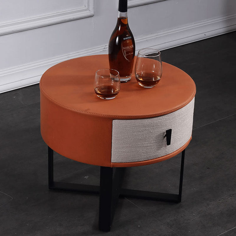 Contemporary Creative Round Circular 1 Drawer Nightstand - Faux Leather Metal Legs Bedside Table For Bedroom Lumendat