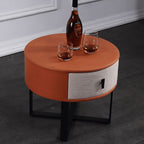 Contemporary Creative Round Circular 1 Drawer Nightstand - Faux Leather Metal Legs Bedside Table For Bedroom Lumendat