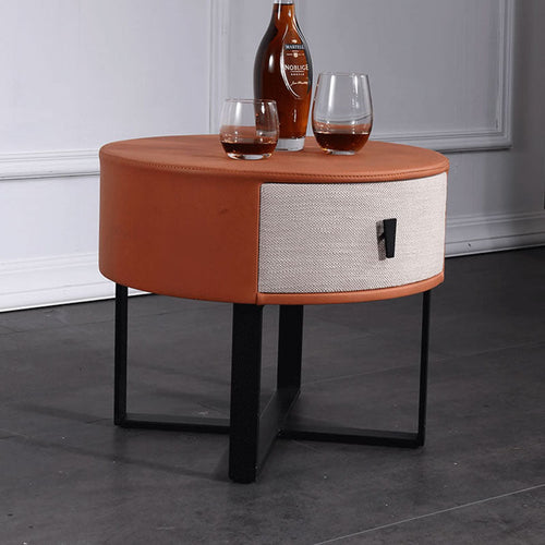 Contemporary Creative Round Circular 1 Drawer Nightstand - Faux Leather Metal Legs Bedside Table For Bedroom Lumendat