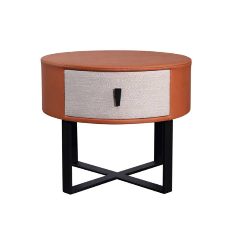 Contemporary Creative Round Circular 1 Drawer Nightstand - Faux Leather Metal Legs Bedside Table For Bedroom Lumendat