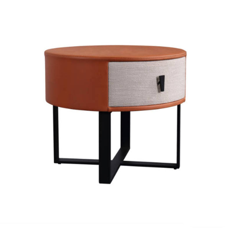 Contemporary Creative Round Circular 1 Drawer Nightstand - Faux Leather Metal Legs Bedside Table For Bedroom Lumendat