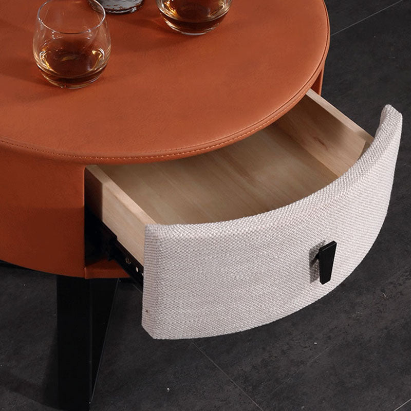 Contemporary Creative Round Circular 1 Drawer Nightstand - Faux Leather Metal Legs Bedside Table For Bedroom Lumendat